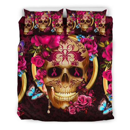 Breast Cancer Bedding Set Sugar Skull Flower Breast Cancer Symbol Duvet Covers Black Pink Unique Gift