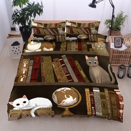 Book Bedding Set Cat Book Earth Globe Pattern Duvet Covers Brown Unique Gift