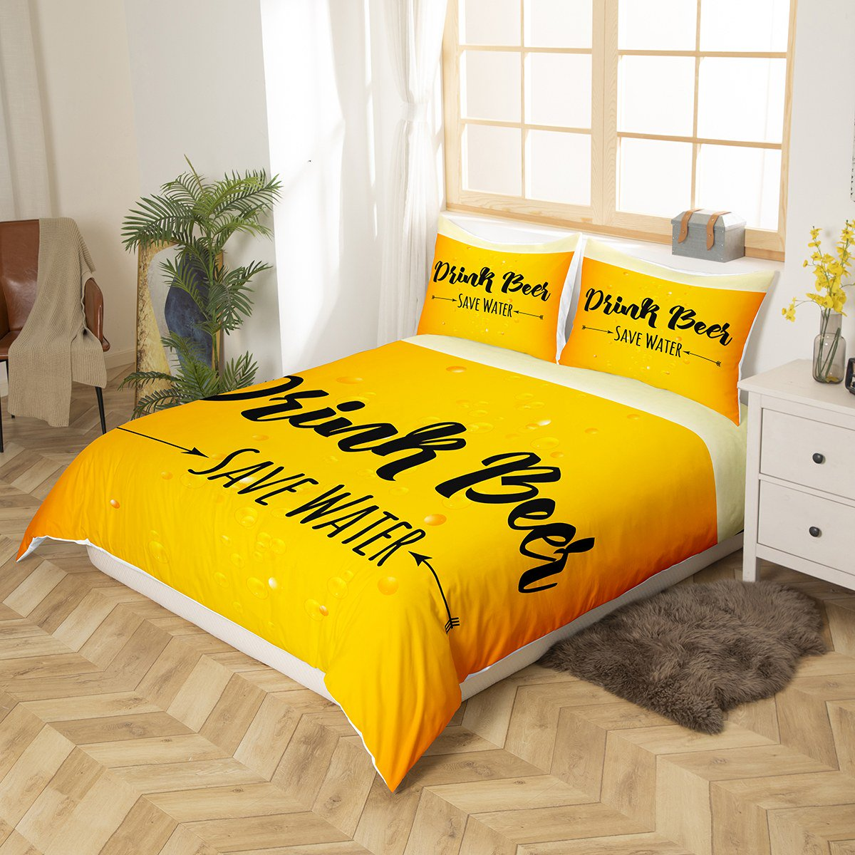Beer Bedding Set Drink Beer Save Water Duvet Covers Yellow Unique Gift