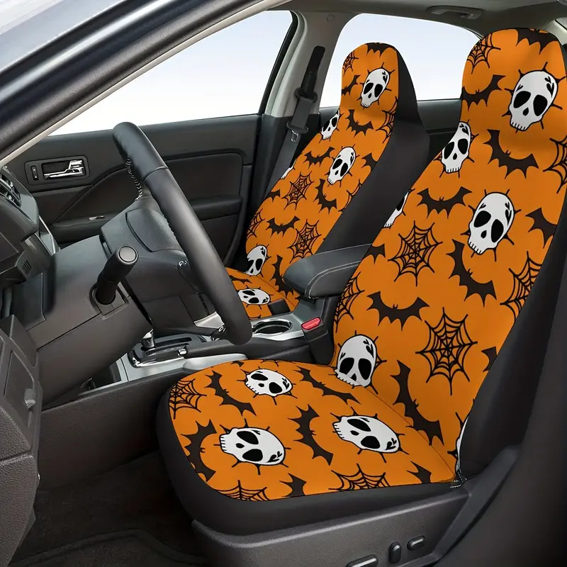 Halloween Car Seat Covers Skull Bat Spiderweb Pattern Seat Covers Orange