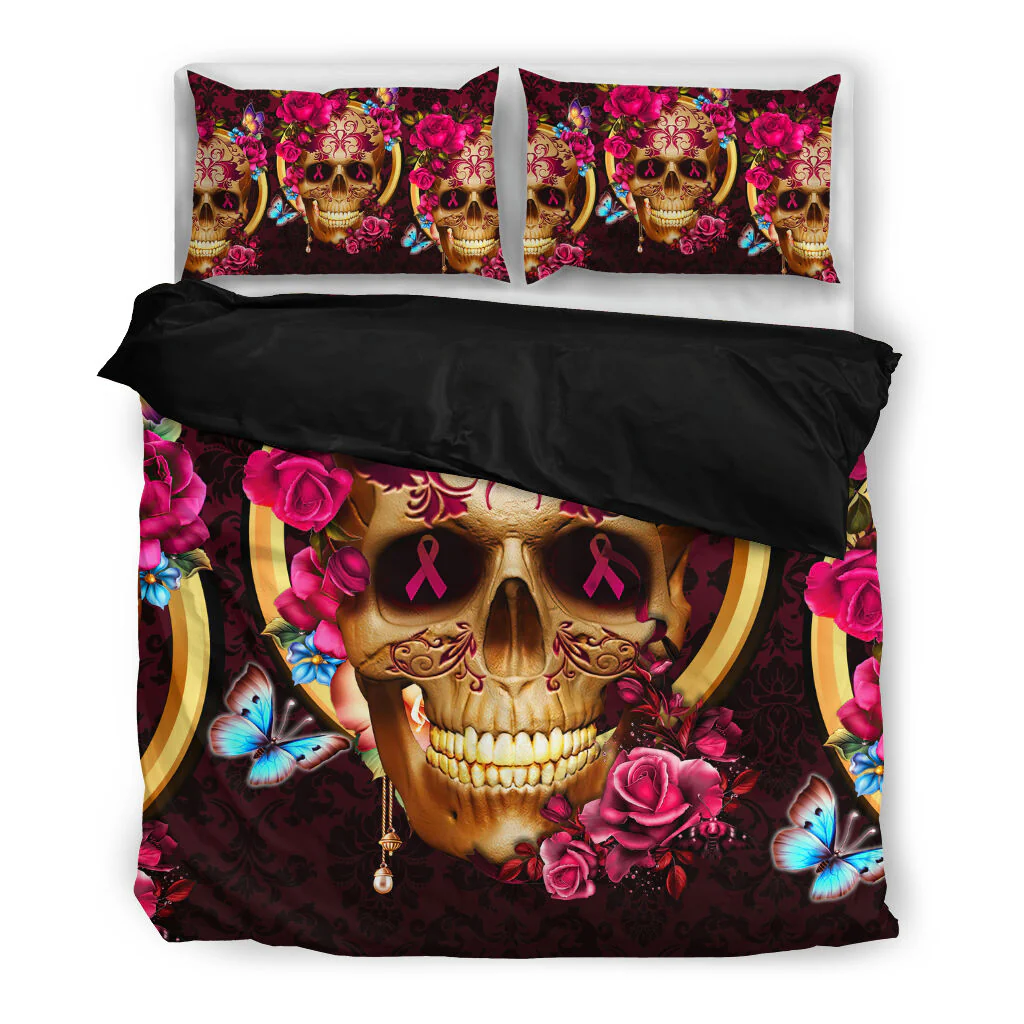 Breast Cancer Bedding Set Sugar Skull Flower Breast Cancer Symbol Duvet Covers Black Pink Unique Gift