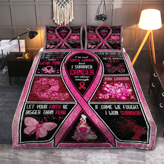 Breast Cancer Bedding Set I Survived Cancer So Close Enough Duvet Covers Black Pink Unique Gift