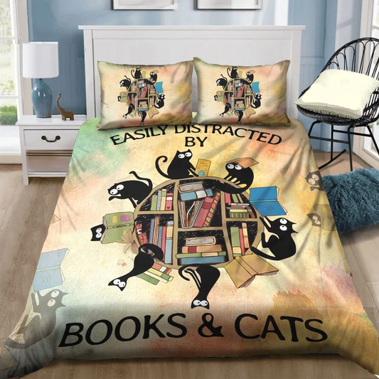 Book Bedding Set Easily Distracted By Books And Cats Duvet Covers Colorful Unique Gift