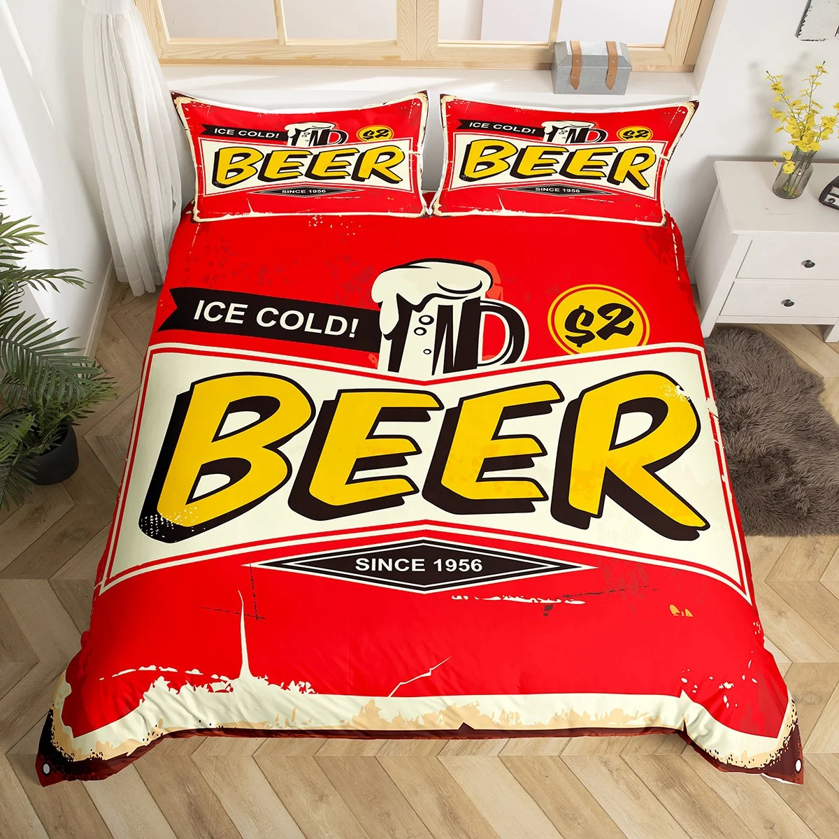 Beer Bedding Set Ice Cold Beer Drink Since 1956 Duvet Covers Red Unique Gift