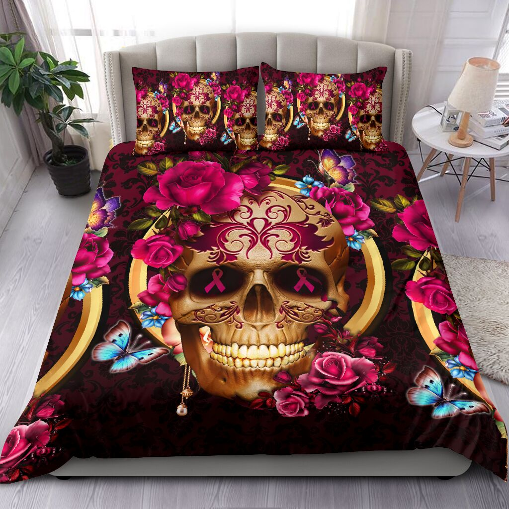 Breast Cancer Bedding Set Sugar Skull Flower Breast Cancer Symbol Duvet Covers Black Pink Unique Gift