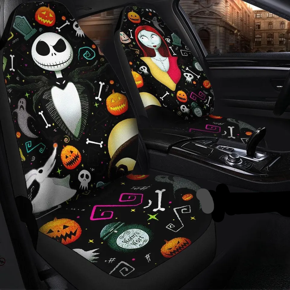 TNBC Car Seat Covers Jack And Sally Pumpkin Bone Ghost Seat Covers Black