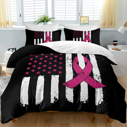 Breast Cancer Bedding Set American Flag Breast Cancer Ribbon Duvet Covers Black Pink Unique Gift