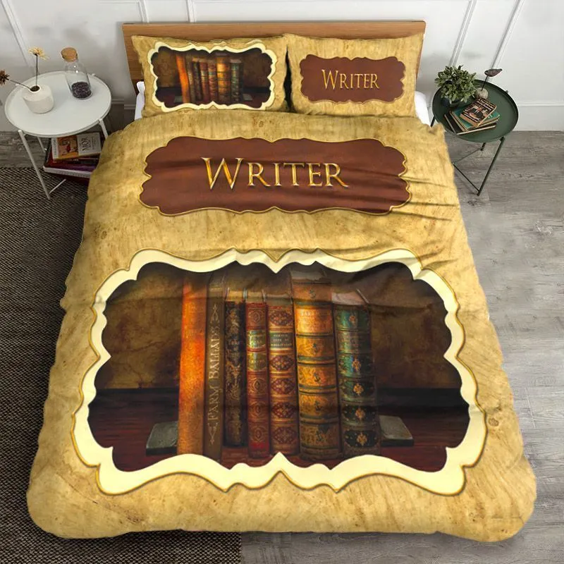 Book Bedding Set Writer Book Wooden Pattern Duvet Covers Brown Unique Gift