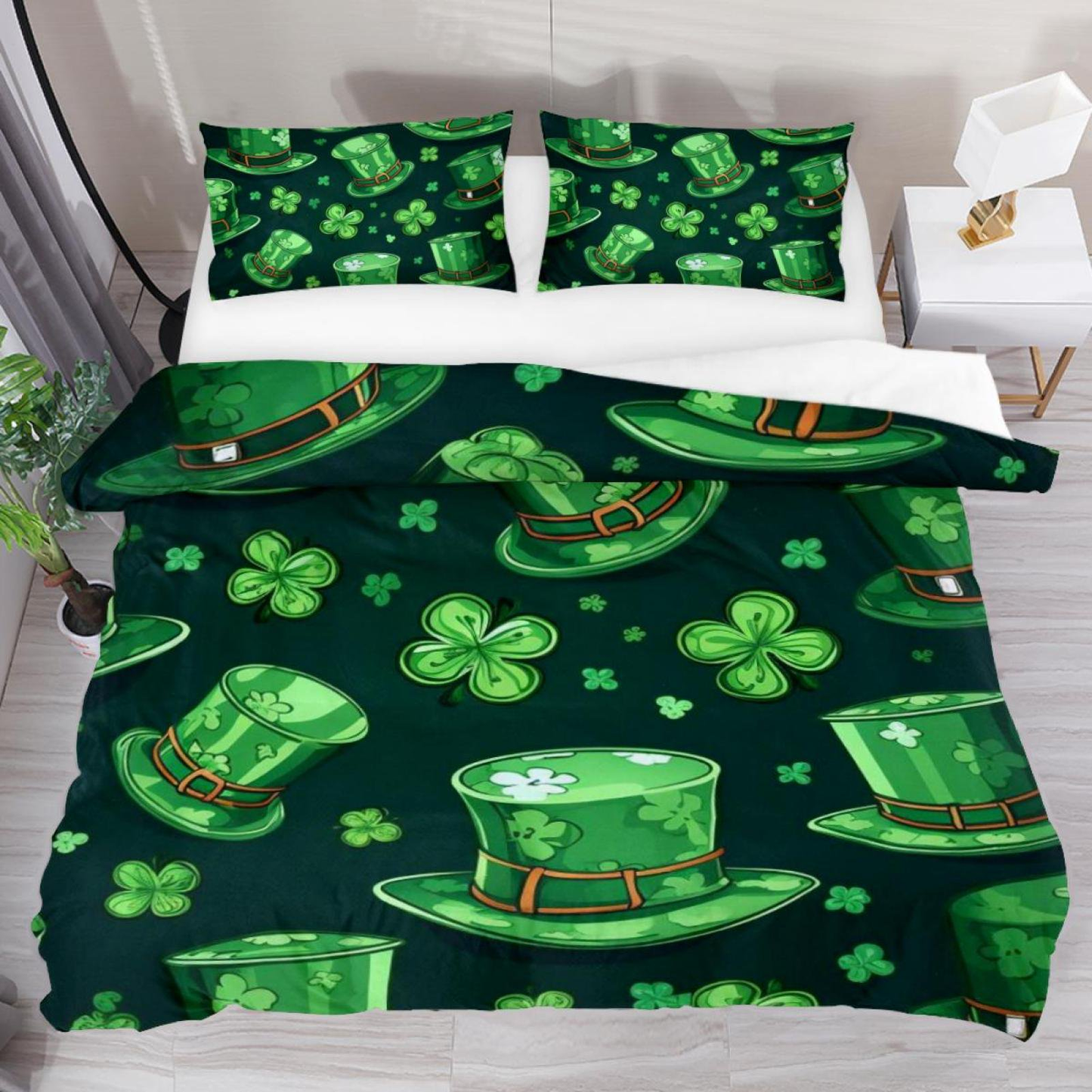 St Patrick Day Bedding Set St Patrick Day Hat Shamrock Pattern Duvet Covers Black Green Unique Gift