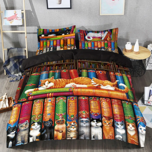 Book Bedding Set Cat And Book On Shelf Duvet Covers Colorful Unique Gift