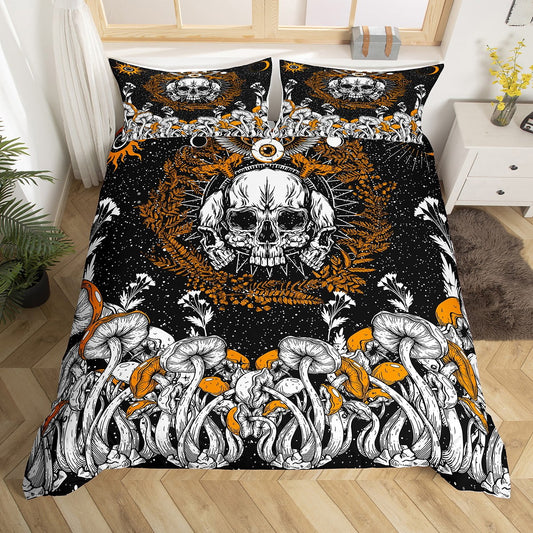 Mushroom Bedding Set Gothic Skull Mushroom Pattern Duvet Covers Black White Unique Gift