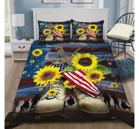 Veteran Bedding Set Veteran Boot Sunflower American Flag Duvet Covers Colorful Unique Gift