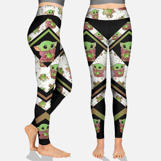 SW Leggings Baby Yoda Hugs Puzzle Pieces Pattern High Waisted Legging Black White For Women