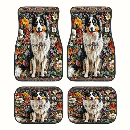Dog Car Floor Mats Pretty Border Collie With Flower Pattern Car Mats