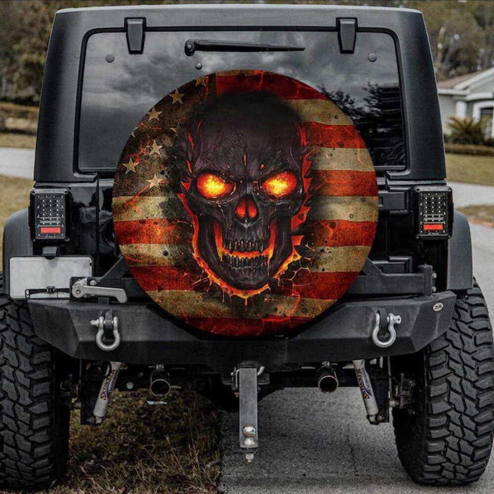 Skull Spare Tire Cover Fire Skull American Flag Tire Covers Red Black