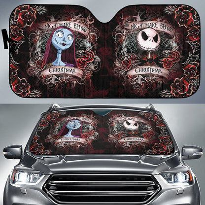 TNBC Car Sun Shade Jack And Sally Rose Flower Veins Winshield Sun Shade Black Red