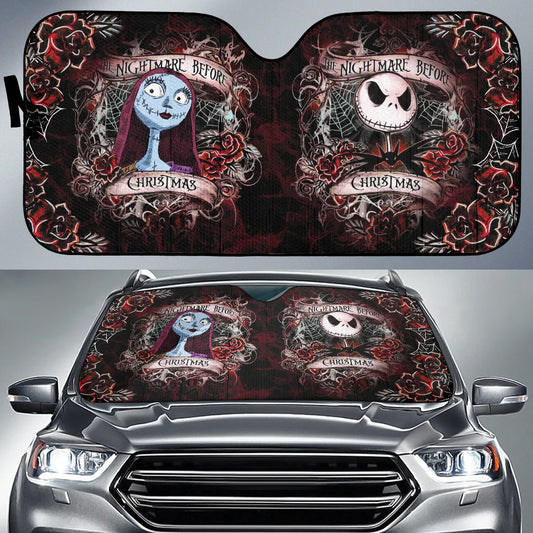 TNBC Car Sun Shade Jack And Sally Rose Flower Veins Winshield Sun Shade Black Red