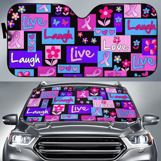 Breast Cancer Car Sun Shade Live Love Laugh Flower Ribbon Pattern Winshield Sun Shade Pink Blue