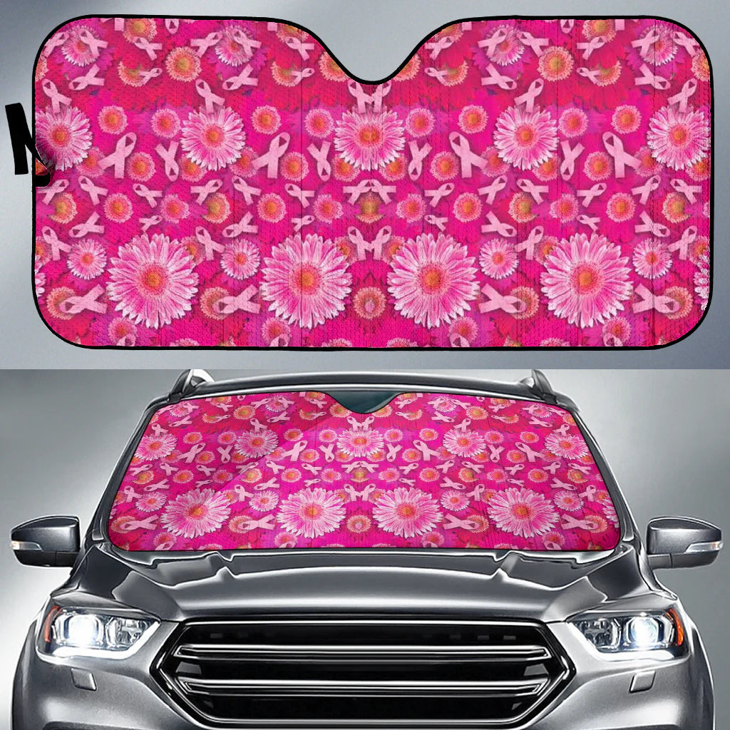 Breast Cancer Car Sun Shade Ribbon Sunflower Daisy Flower Pattern Winshield Sun Shade Pink