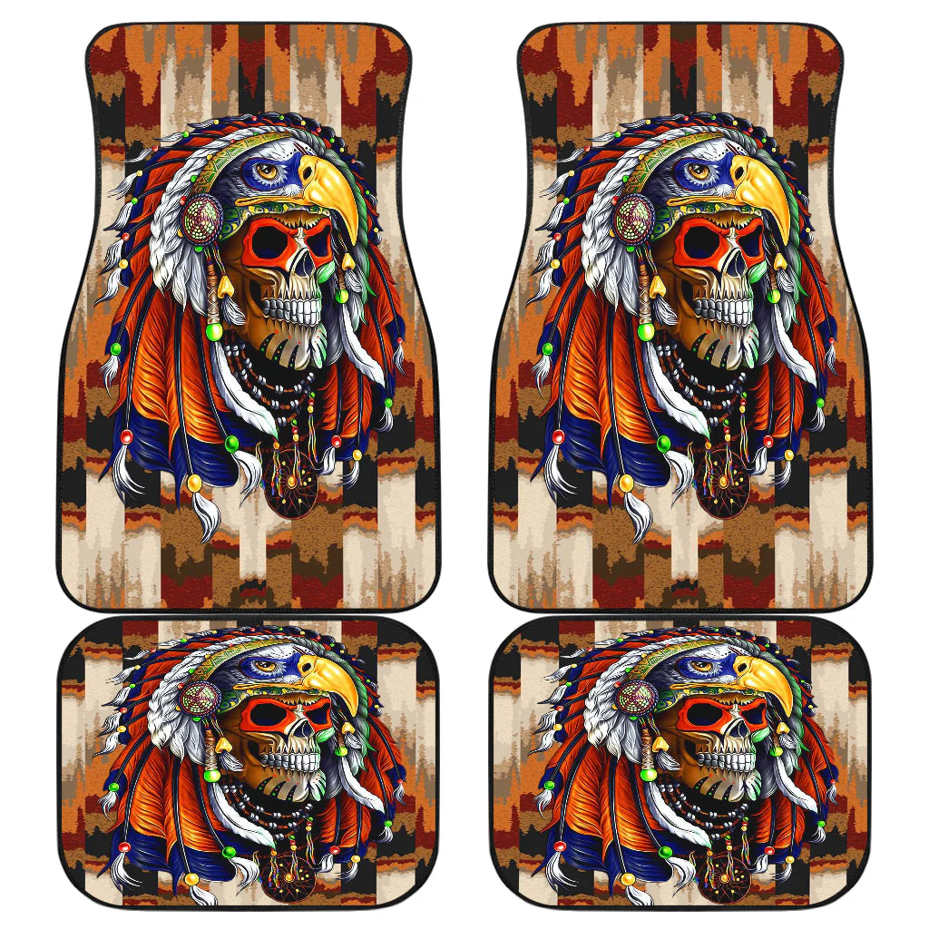 Native American Car Mats Skull With Bird Feathers Pattern Car Floor Mats Colorful