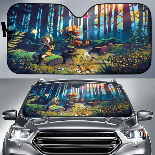 Legend Of Zelda Car Sun Shade Link Legend Of Zelda Singing In The Forest Winshield Sun Shade Colorful