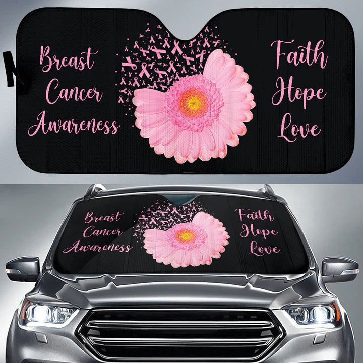 Breast Cancer Car Sun Shade Faith Love Hope Daisy Flower Winshield Sun Shade Black Pink