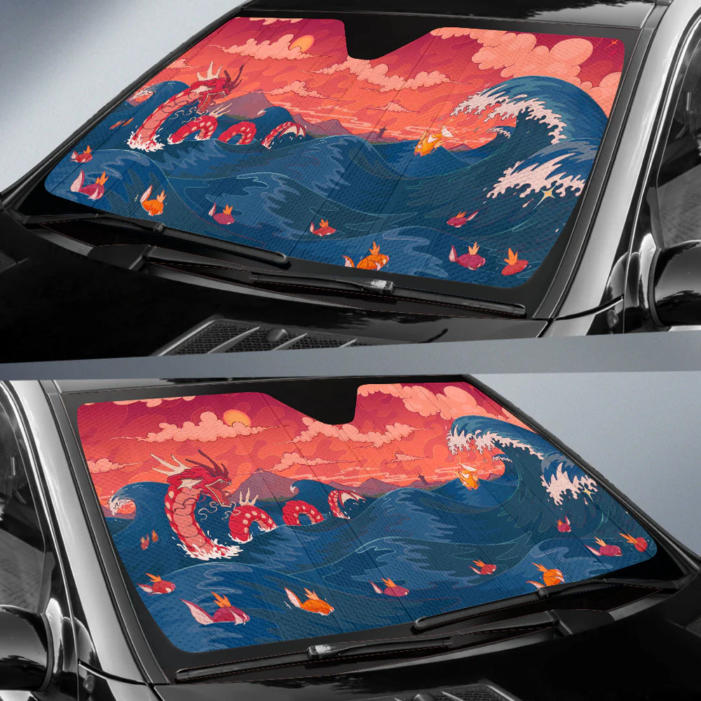 PKM Car Sun Shade PKM With Great Wave Winshield Sun Shade Red Blue