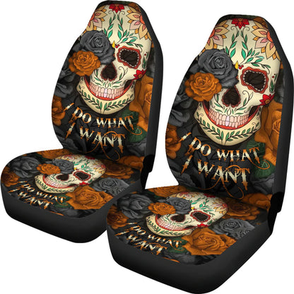 Skull Car Seat Covers Skull Mandala I Do What I Want Seat Covers White Orange