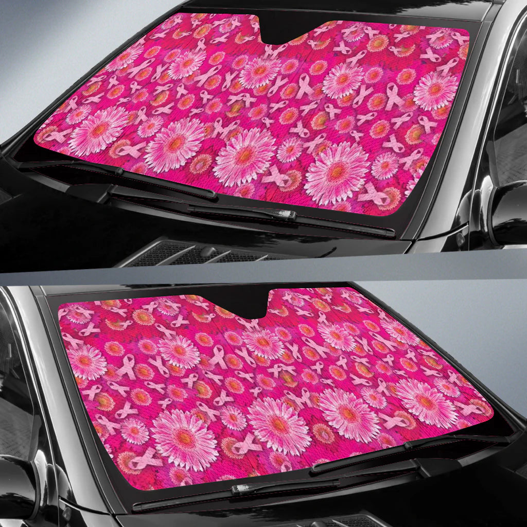 Breast Cancer Car Sun Shade Ribbon Sunflower Daisy Flower Pattern Winshield Sun Shade Pink