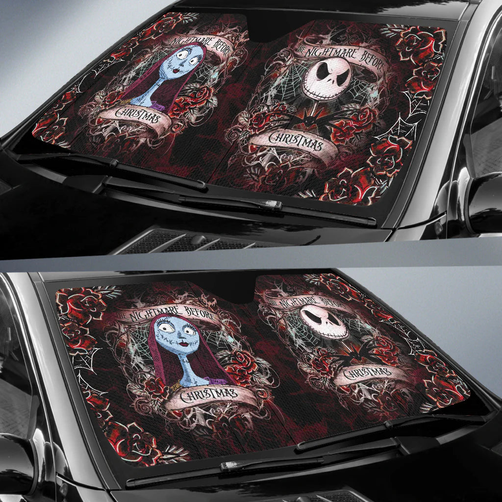 TNBC Car Sun Shade Jack And Sally Rose Flower Veins Winshield Sun Shade Black Red