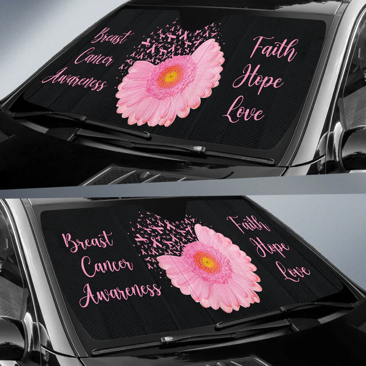 Breast Cancer Car Sun Shade Faith Love Hope Daisy Flower Winshield Sun Shade Black Pink