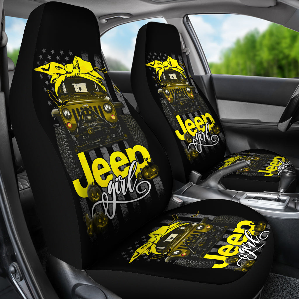 Halloween American Flag Yellow Jeep Girl Car Seat Covers