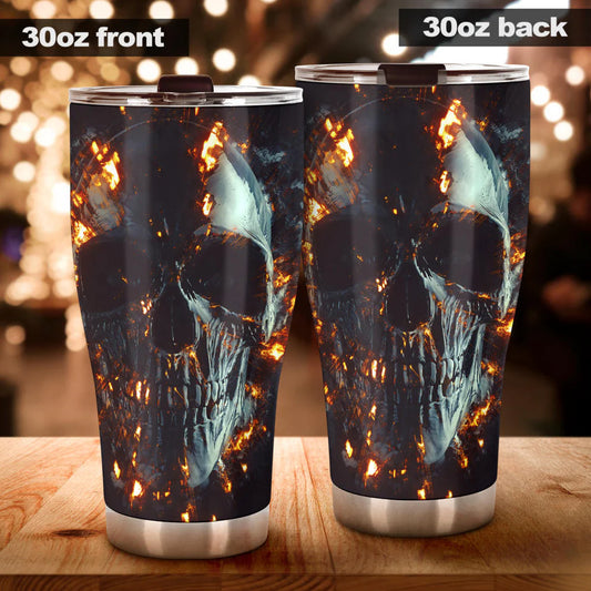 Skull Tumbler Flaming Skull Graphic Pattern Tumbler Cup Black Gray