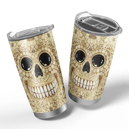 Skull Tumbler Sugar Skull With Flower Pattern Tumbler Cup Yellow