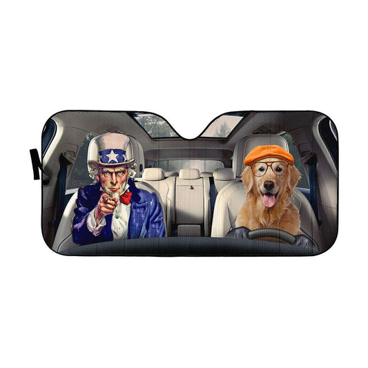 Gearhumans 3D Uncle Sam And Golden Retriever Custom Car Auto Sunshade