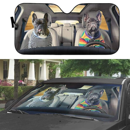 Gearhumans 3D Adorable Bulldog Friend Couple Custom Car Auto Sunshade