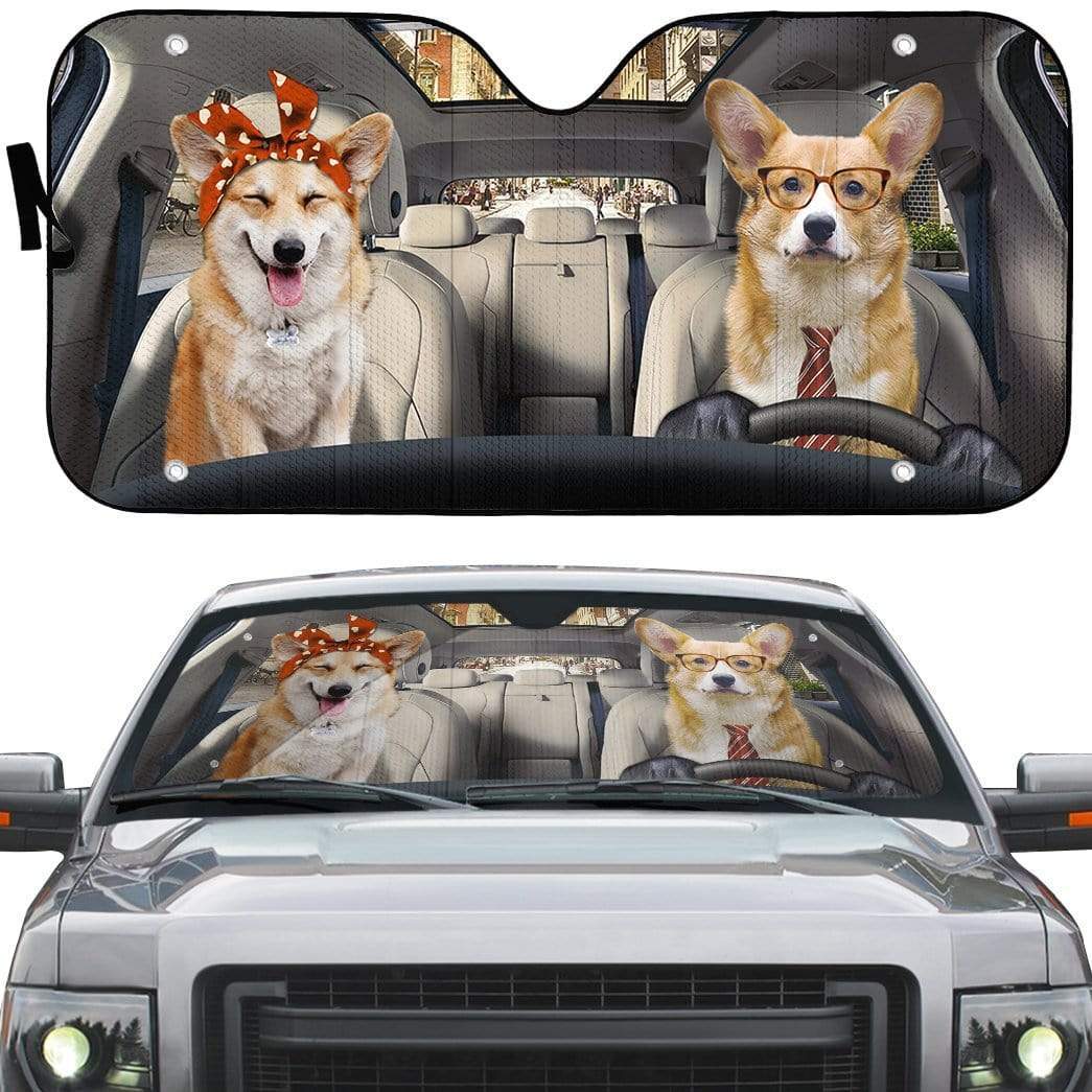 Gearhumans 3D Adorable Couple Corgi Dogs In Car Custom Car Auto Sunshade