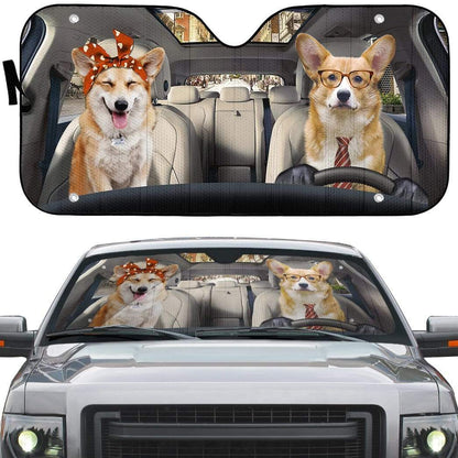 Gearhumans 3D Adorable Couple Corgi Dogs In Car Custom Car Auto Sunshade