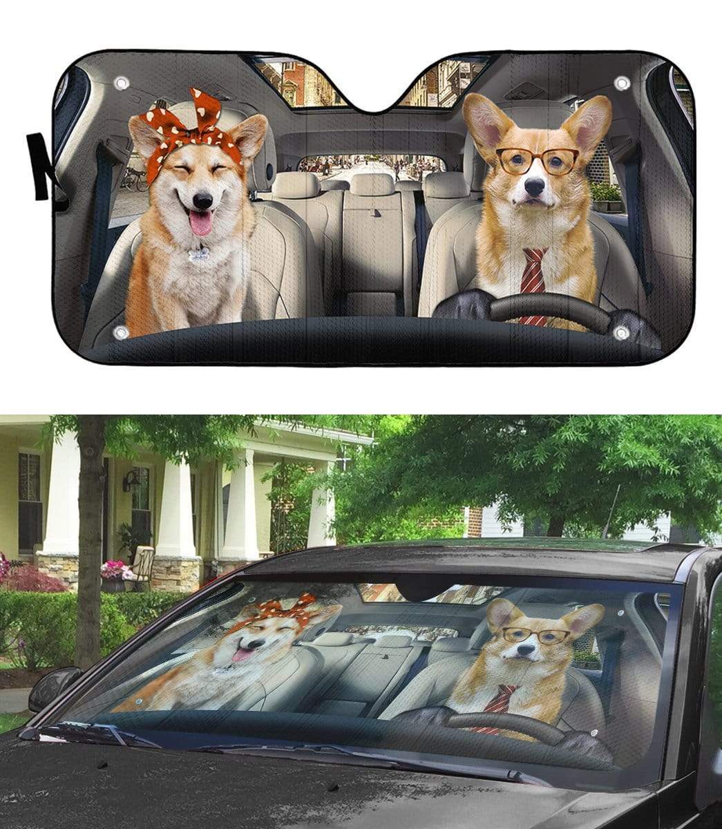 Gearhumans 3D Adorable Couple Corgi Dogs In Car Custom Car Auto Sunshade