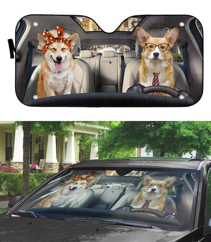 Gearhumans 3D Adorable Couple Corgi Dogs In Car Custom Car Auto Sunshade