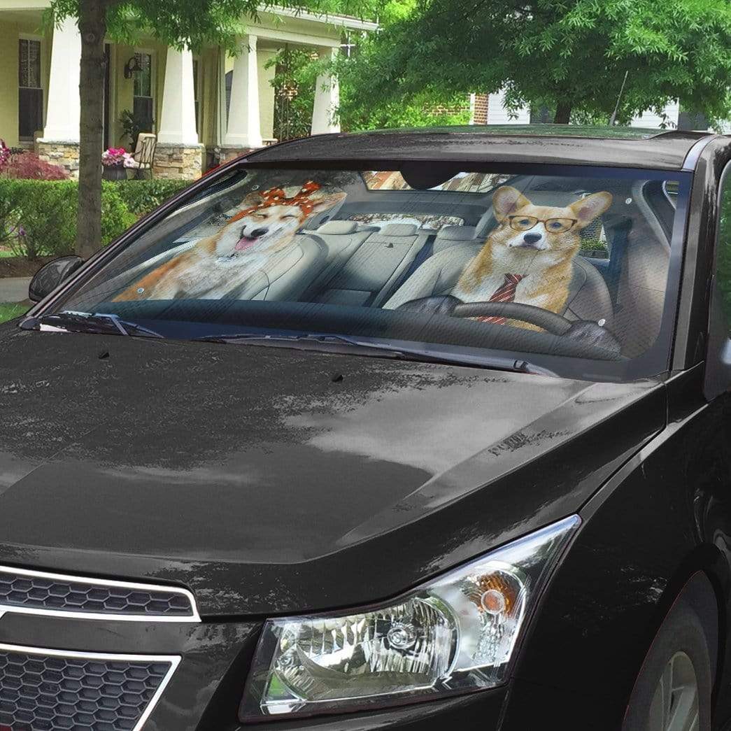 Gearhumans 3D Adorable Couple Corgi Dogs In Car Custom Car Auto Sunshade