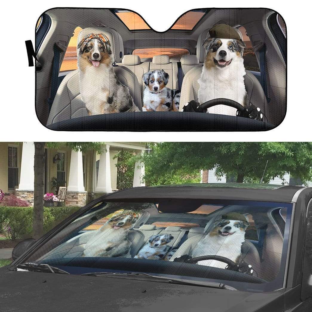 Gearhumans 3D Australian Shepherd Family Dogs Custom Car Auto Sunshade