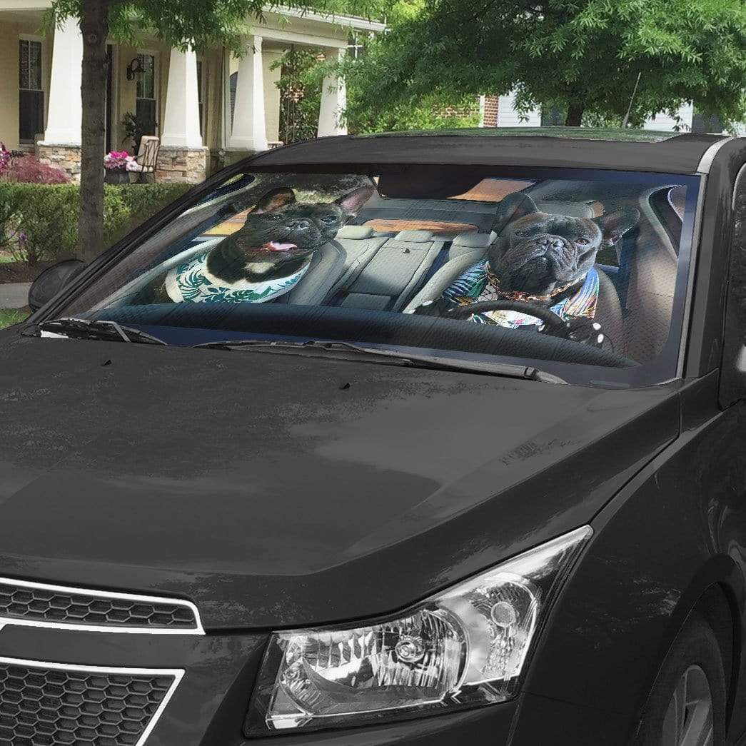 Gearhumans 3D Beach Family Bulldog Custom Car Auto Sunshade