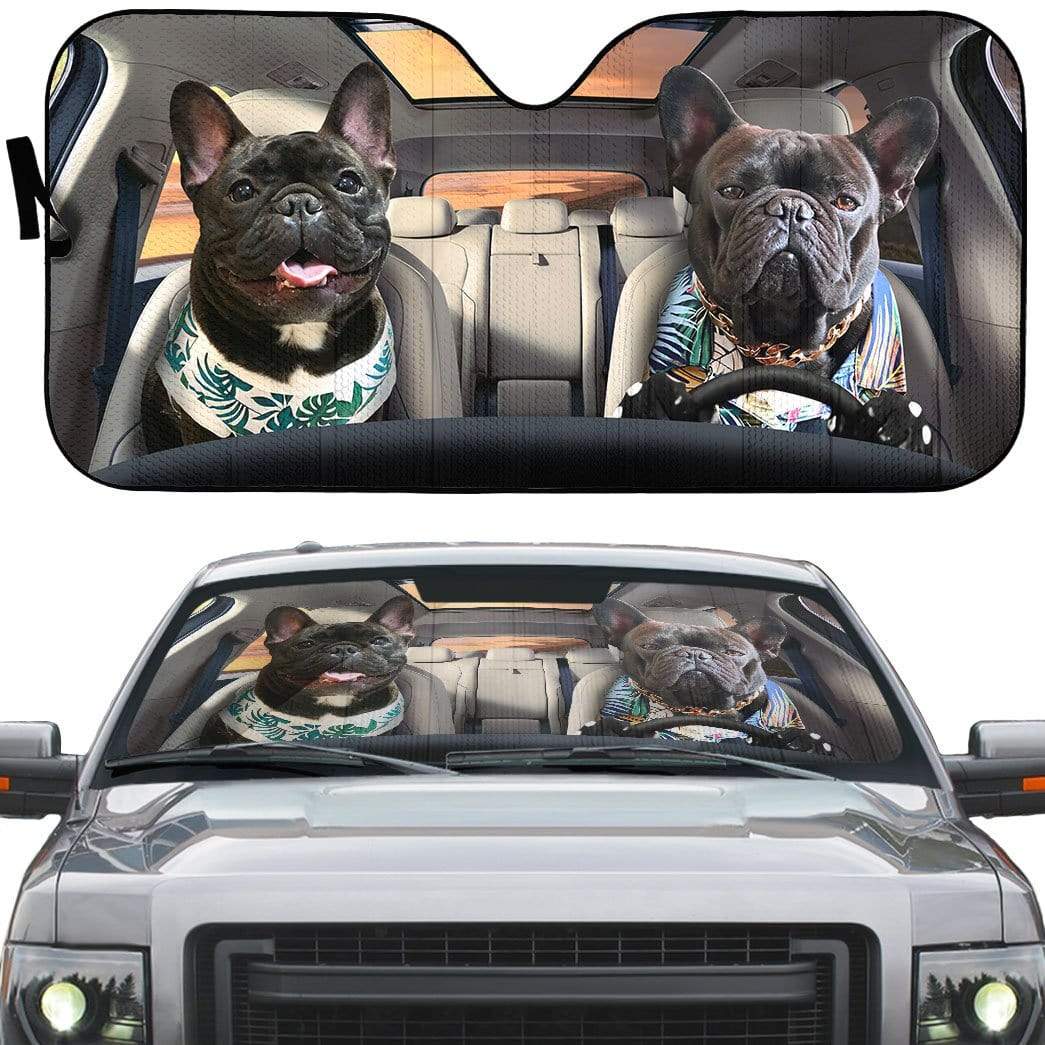 Gearhumans 3D Beach Family Bulldog Custom Car Auto Sunshade