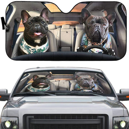 Gearhumans 3D Beach Family Bulldog Custom Car Auto Sunshade
