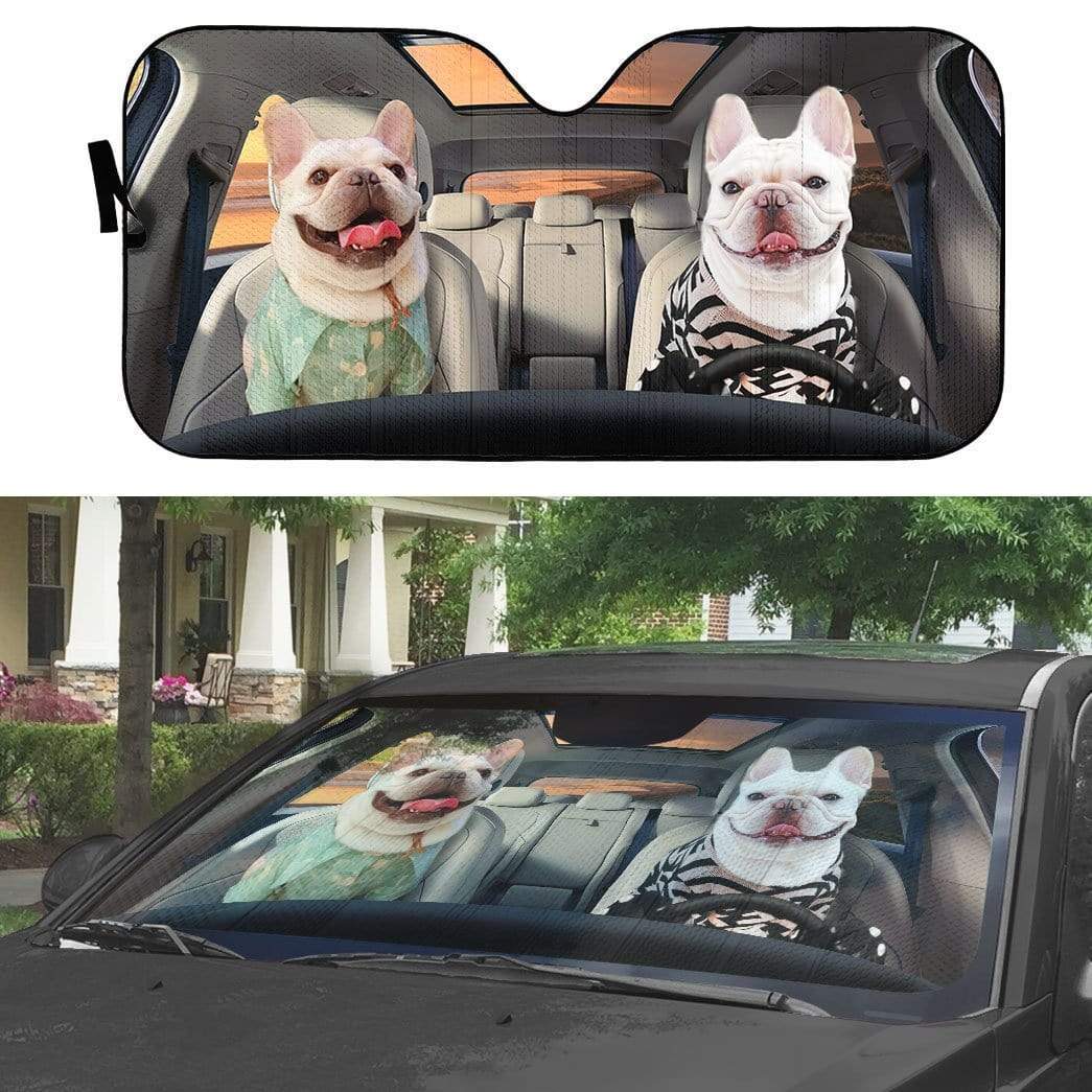 Gearhumans 3D Beach Love Bulldog Couple Custom Car Auto Sunshade