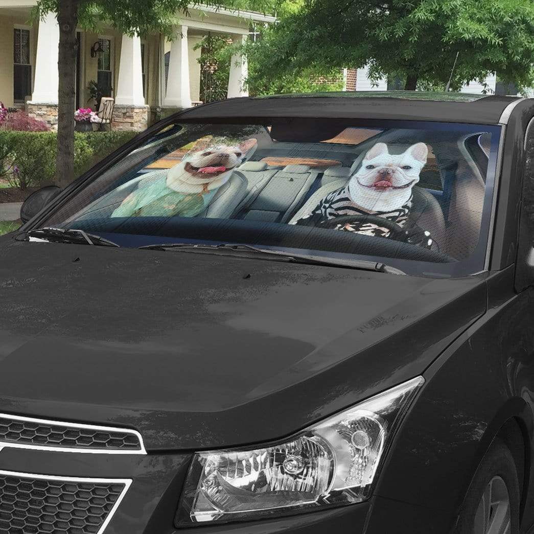 Gearhumans 3D Beach Love Bulldog Couple Custom Car Auto Sunshade