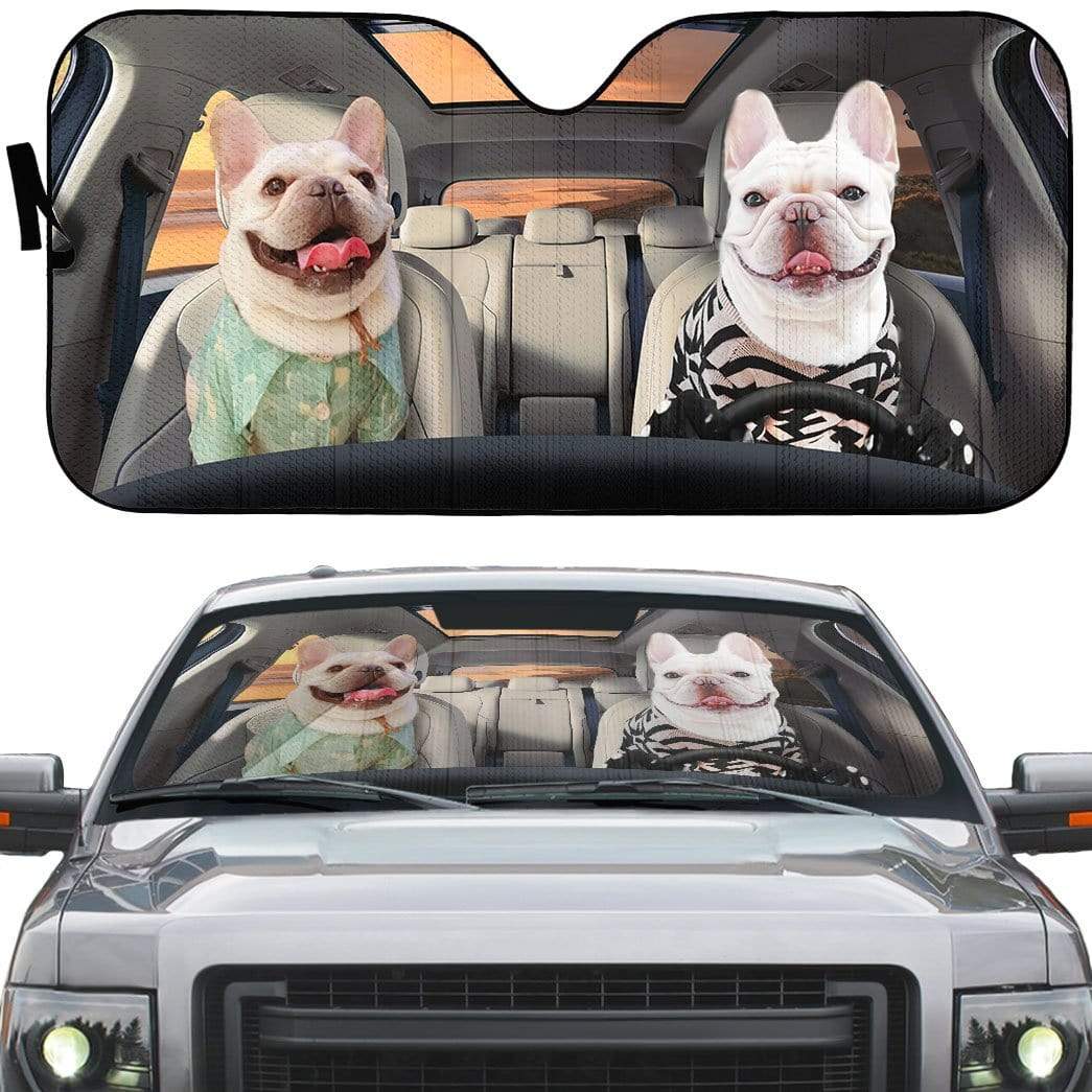 Gearhumans 3D Beach Love Bulldog Couple Custom Car Auto Sunshade