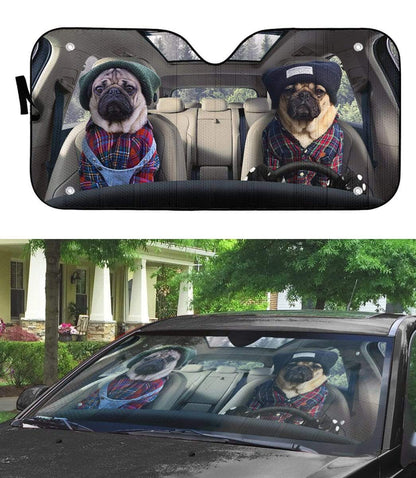 Gearhumans 3D Best Friend Couple Pugs Custom Car Auto Sunshade