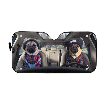 Gearhumans 3D Best Friend Couple Pugs Custom Car Auto Sunshade